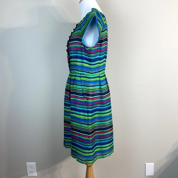 Nanette Lepore Dress 8 Blue Green Silk Linen Stripe Beaded Ruffle Mamacita Frock - Picture 8 of 14